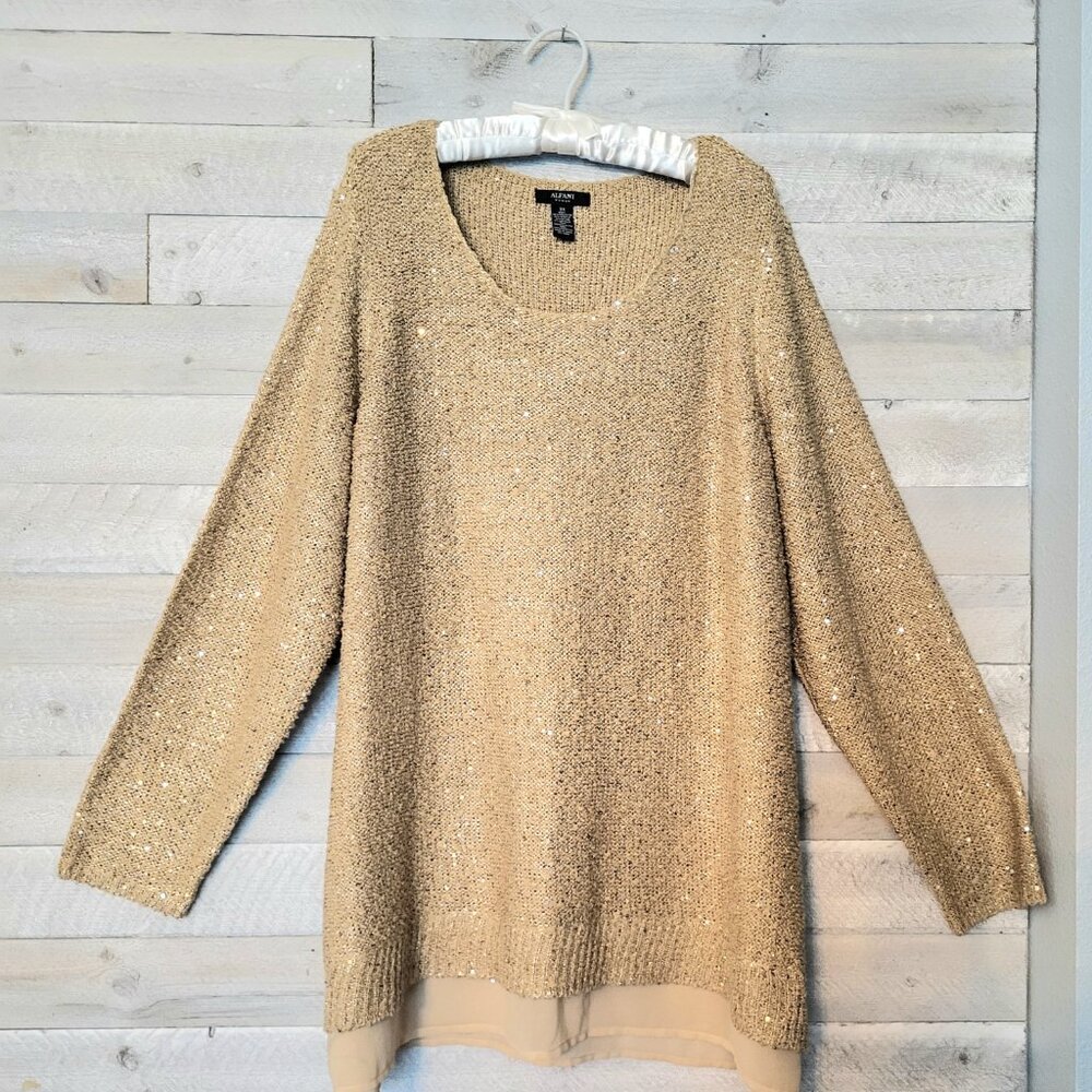 Alfani Sequin Sweater Plus Size Gold Shimmer Sheer Trim Glam Mob Wife.